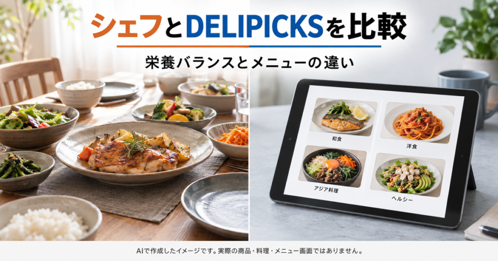 シェフの無添つくりおきとDELIPICKSの栄養バランスとメニューの違いを比較するイメージ