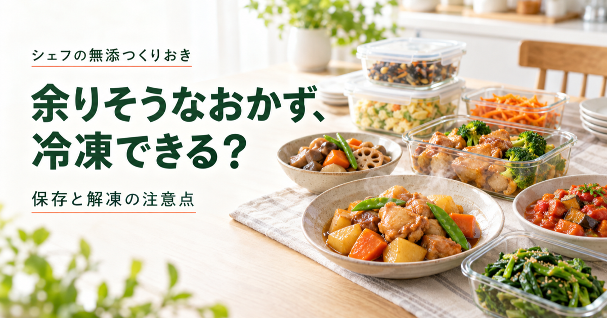 シェフの無添つくりおきの冷蔵惣菜について、表示を確認して一部を冷凍保存する流れを表したイメージ