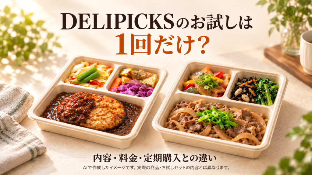 DELIPICKSのお試しは1回だけ？内容・料金・定期購入との違い。料理はAIイメージで、実際の商品ではありません。