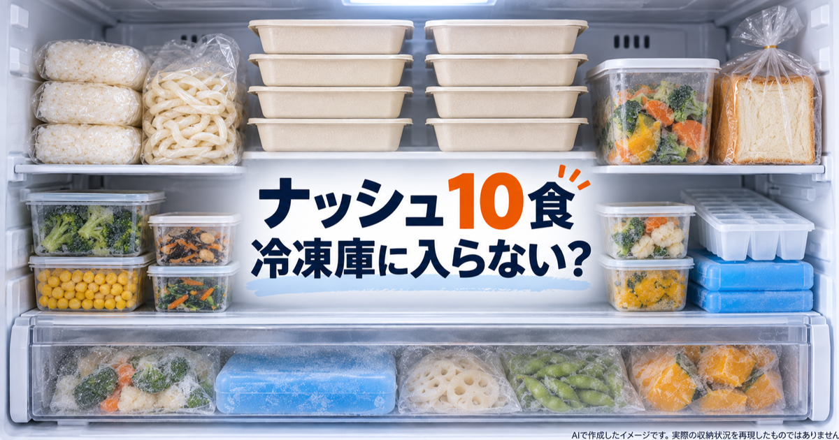 冷凍食品で埋まった冷凍庫と「ナッシュ10食 冷凍庫に入らない？」の文字