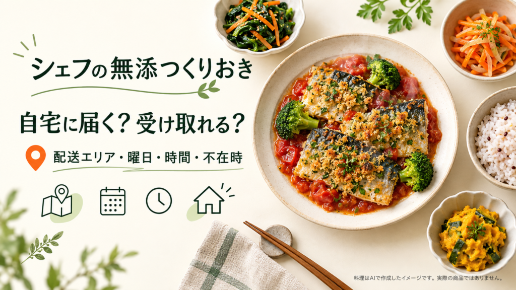 シェフの無添つくりおきの配送エリア・曜日・時間・不在時を案内する料理イメージ