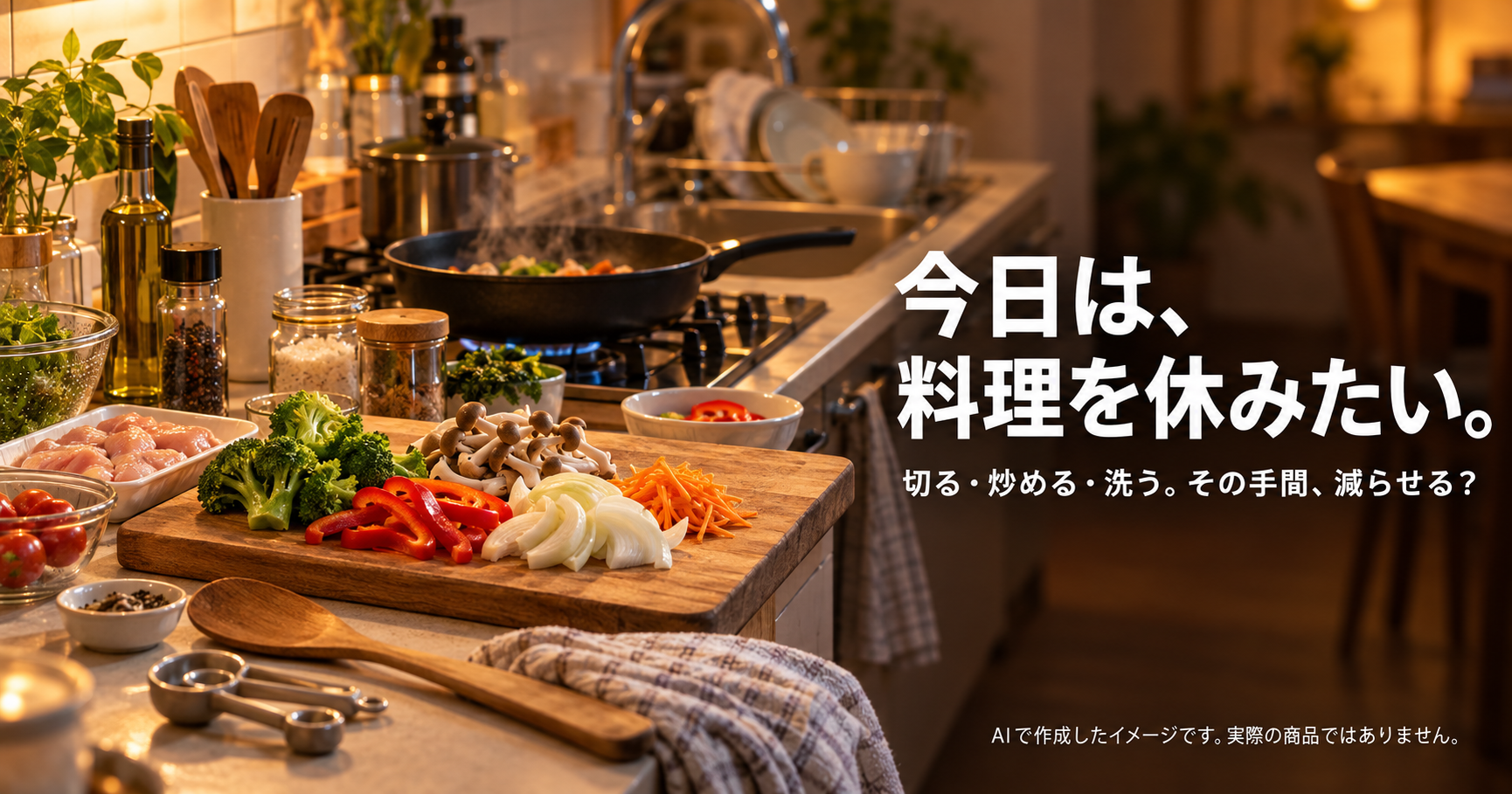 今日は、料理を休みたい。切る・炒める・洗う。その手間、減らせる？ AIで作成したキッチンのイメージ。実際の商品ではありません。