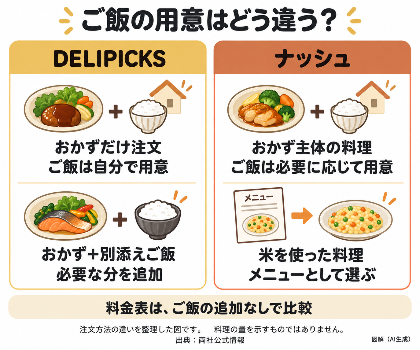 DELIPICKSの別添えご飯の追加と、ナッシュの米を使った料理の選択を分けて示した図。