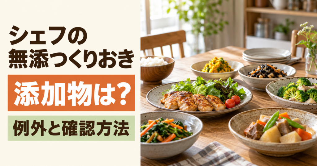 シェフの無添つくりおきの添加物の例外と原材料確認方法を紹介する記事のイメージ画像。