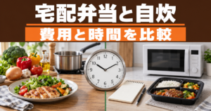 自炊の食卓と宅配弁当を並べ、費用と時間の比較を示したイメージ画像