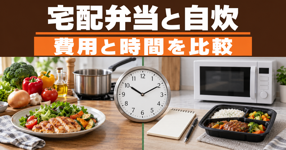 自炊の食卓と宅配弁当を並べ、費用と時間の比較を示したイメージ画像
