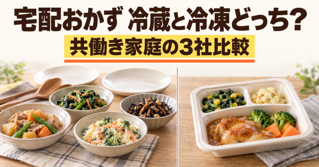 冷蔵の取り分け惣菜と冷凍の個食弁当の使い方を比べるイメージ