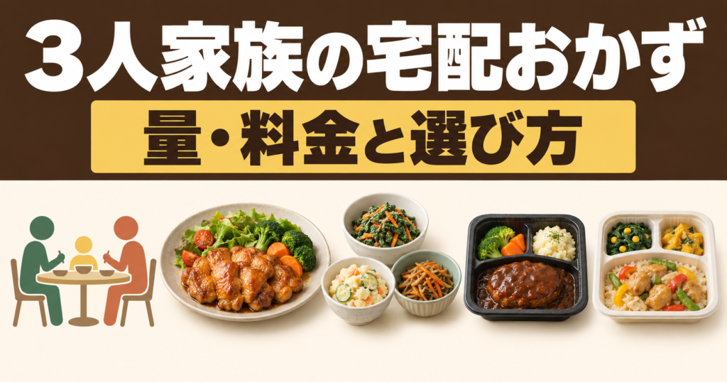 3人家族の宅配おかずを、取り分け惣菜と冷凍個食の違いから比較するイメージ