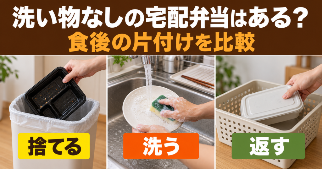 宅配弁当の食後に、捨てる容器・洗う食器・返却する容器の違いを表したイメージ。