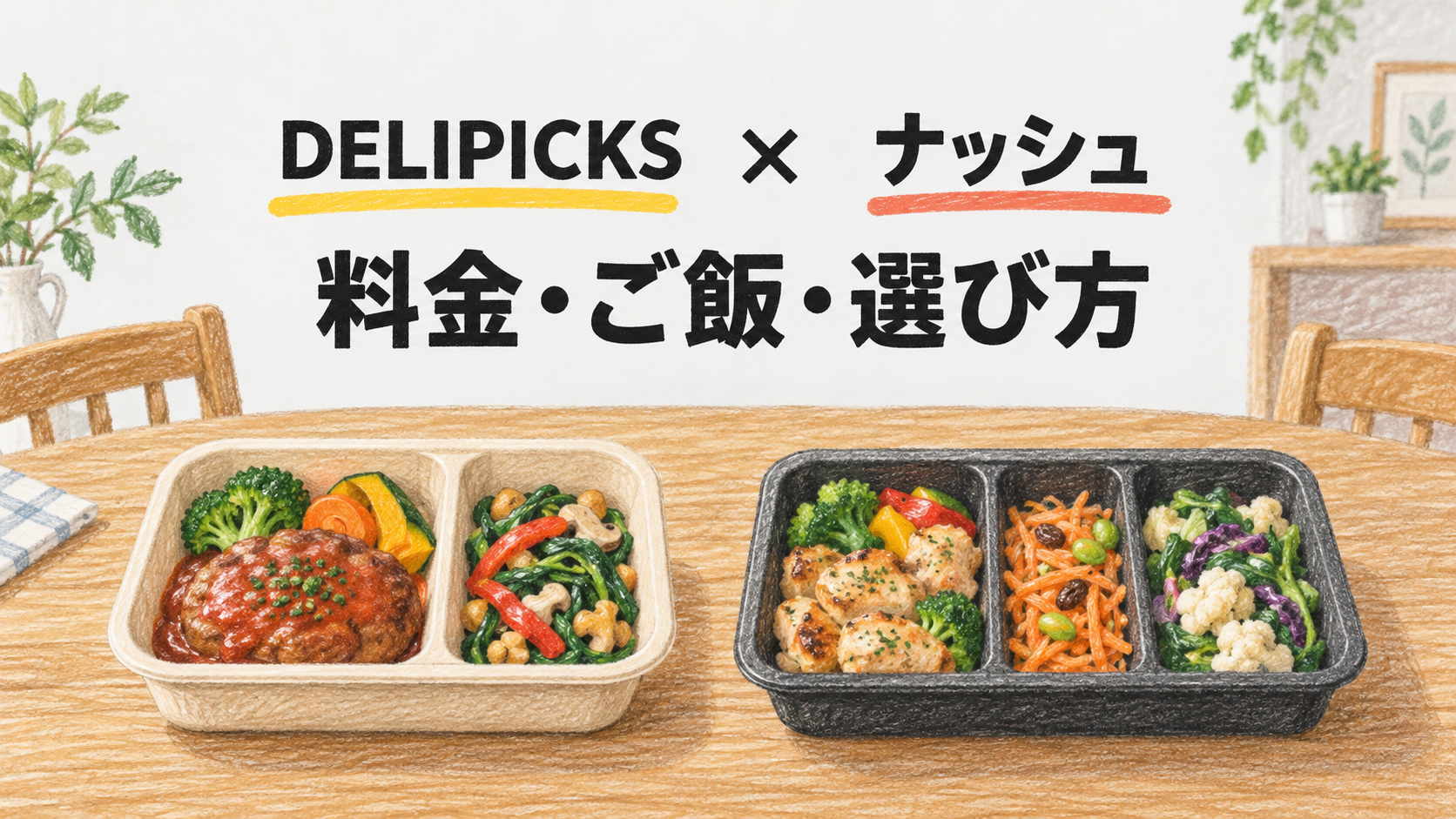 DELIPICKSとナッシュの料金・ご飯・選び方を比較するイメージイラスト