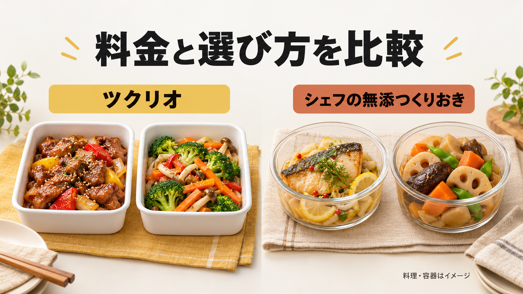 ツクリオとシェフの無添つくりおきの料金と選び方を比較するイメージ