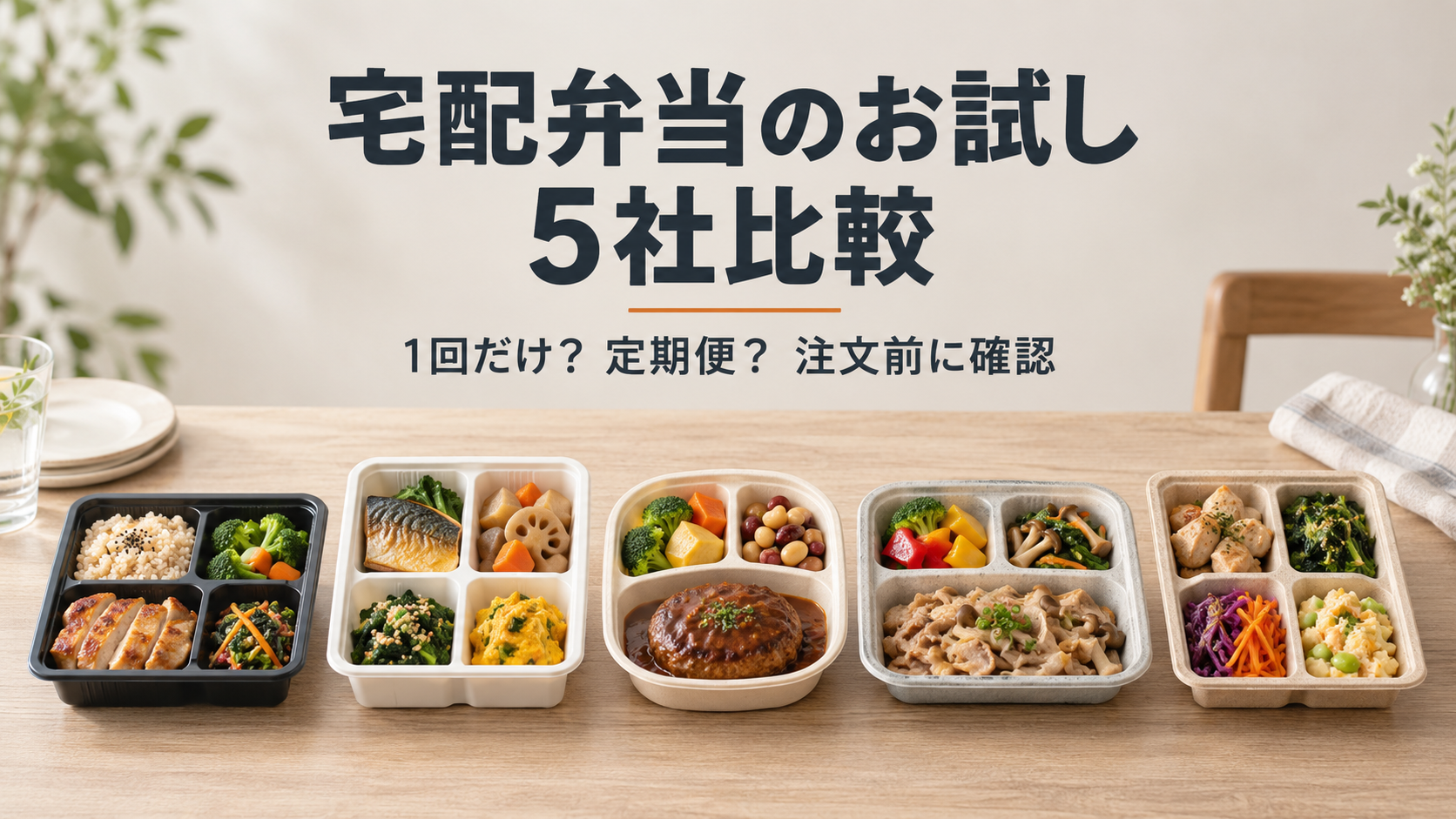 宅配弁当のお試し5社比較。1回だけか定期便かを注文前に確認する。5種類の弁当風トレーは本人制作のAIイメージ
