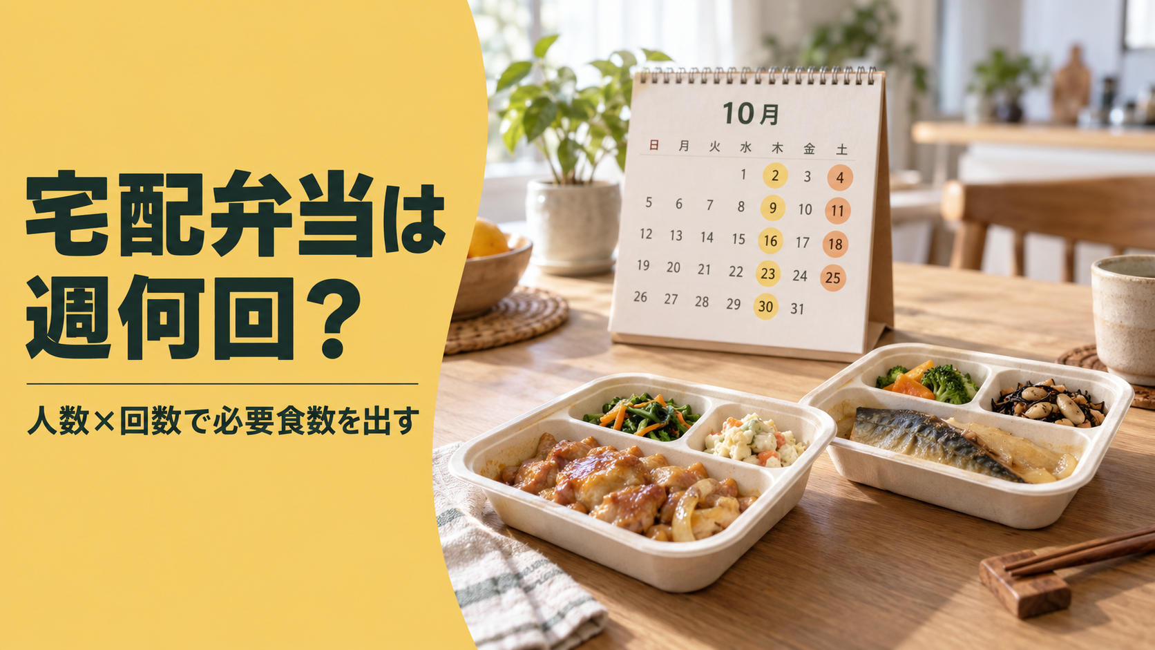 宅配弁当を使う曜日と必要食数をカレンダーで考えるイメージ