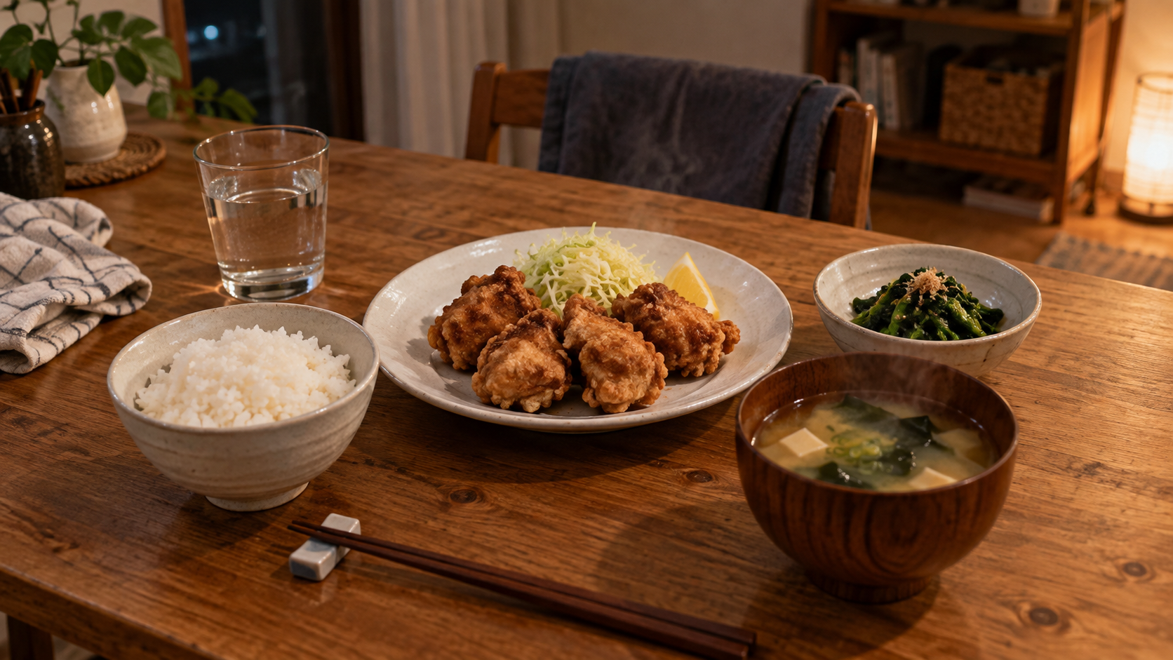 夕飯を作れない日に、調理済みのおかずとご飯を用意した食卓のイメージ